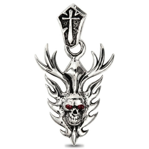 Oxidized front of the flame skull biker pendant with darkened flame recesses framing the polished skull
