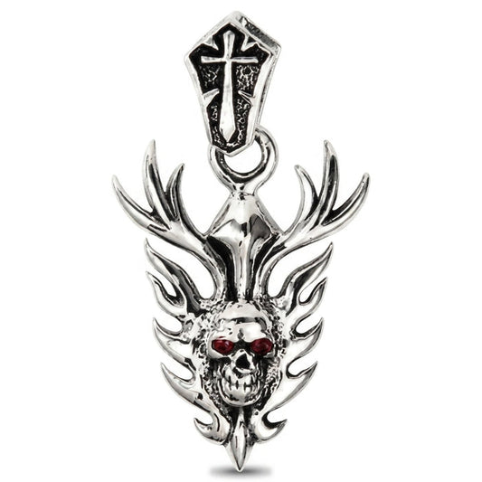 Oxidized front of the flame skull biker pendant with darkened flame recesses framing the polished skull