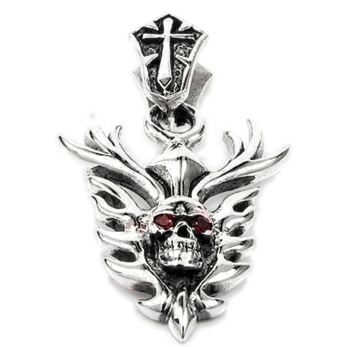 Winged flame blade skull pendant centered in polished sterling silver, front view with red garnet eyes