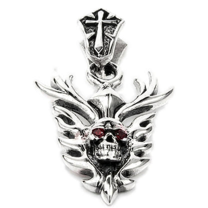 Winged flame blade skull pendant centered in polished sterling silver, front view with red garnet eyes