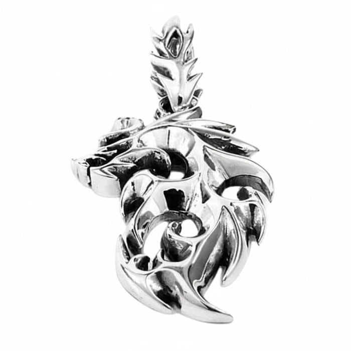 An angled side view of the flame dragon wolf pendant in sterling silver, showing its fluid, tribal lines.