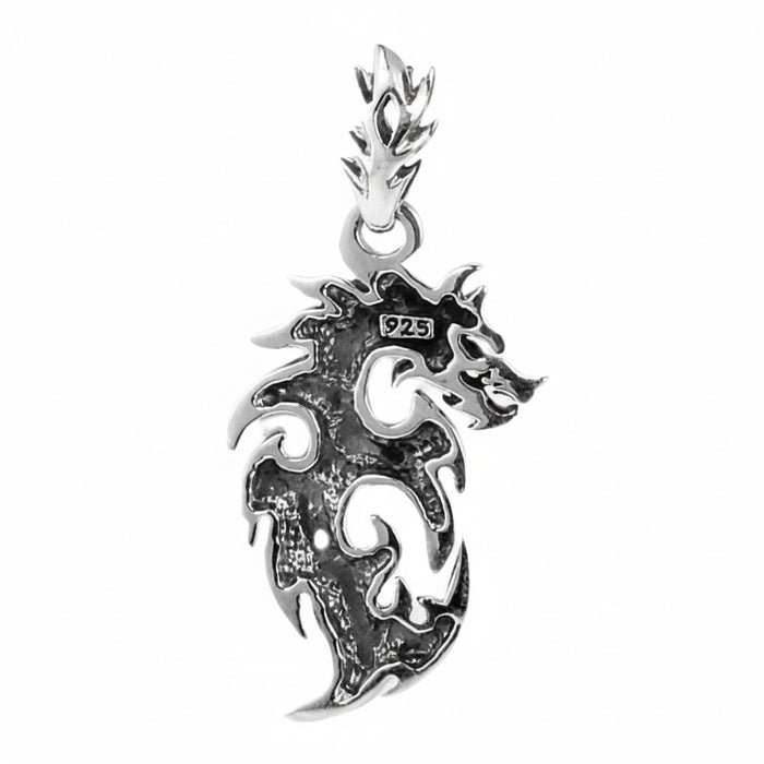 The back of the silver dragon wolf pendant, showing the solid construction and the .925 hallmark stamp.