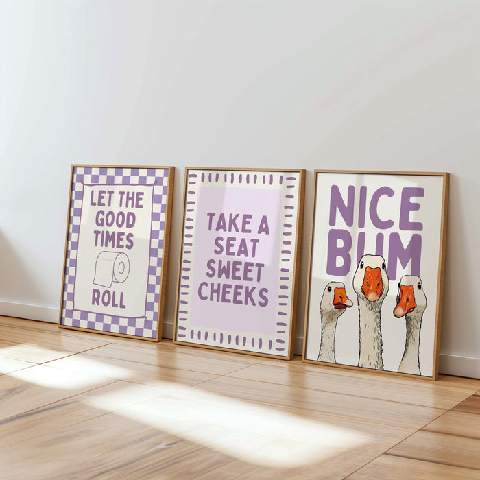 Funny Bathroom Wall Art Set of 9, Nice Bum Goose Print, Lavender Bathroom Decor, Purple Bathroom Signs, Printable Bathroom Gallery Set