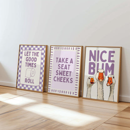 Funny Bathroom Wall Art Set of 9, Nice Bum Goose Print, Lavender Bathroom Decor, Purple Bathroom Signs, Printable Bathroom Gallery Set