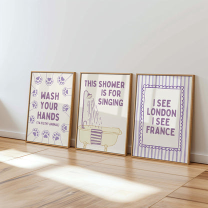 Funny Bathroom Wall Art Set of 9, Nice Bum Goose Print, Lavender Bathroom Decor, Purple Bathroom Signs, Printable Bathroom Gallery Set