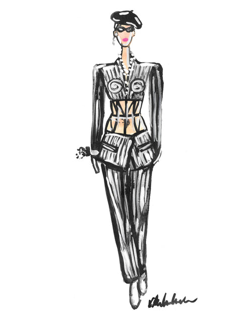Gaultier Pinstripe Girl Watercolor Painting