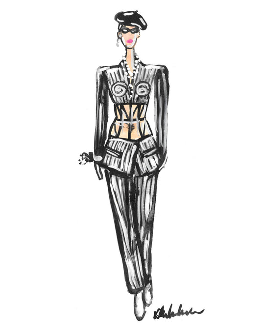 Gaultier Pinstripe Girl Watercolor Painting