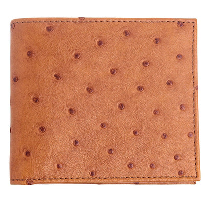 Front view of the tan brown genuine ostrich leather wallet showing the distinctive quill pattern.