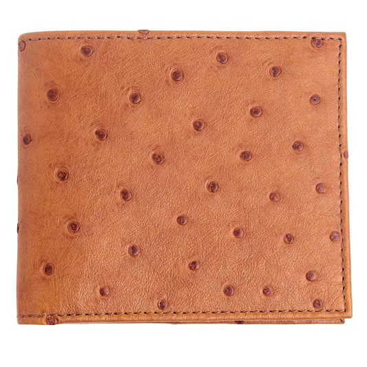 Front view of the tan brown genuine ostrich leather wallet showing the distinctive quill pattern.