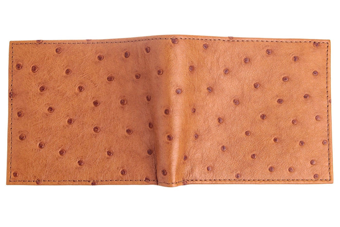 The tan brown genuine ostrich leather wallet laid flat to show the full exterior texture.