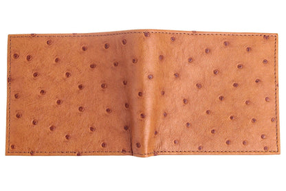 The tan brown genuine ostrich leather wallet laid flat to show the full exterior texture.