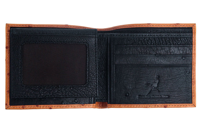 Interior view of the two-tone ostrich leather wallet showing the black leather, card slots, and clear ID window.