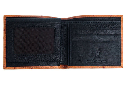 Interior view of the two-tone ostrich leather wallet showing the black leather, card slots, and clear ID window.