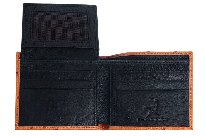 The bifold ostrich leather wallet with the flip-up ID window open, revealing more card slots.