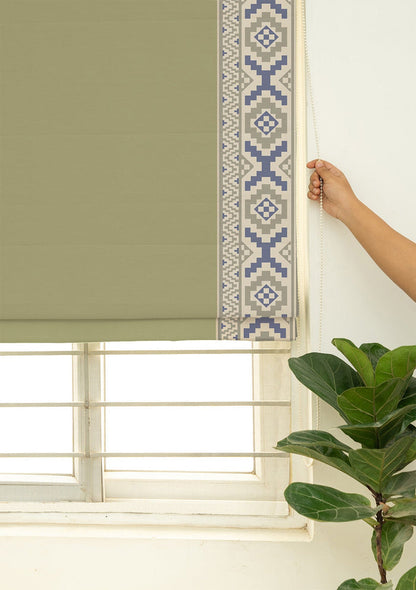 Glen Herb Green Embroidered Trim 100% Cotton Blind For Living Room |Room Darkening