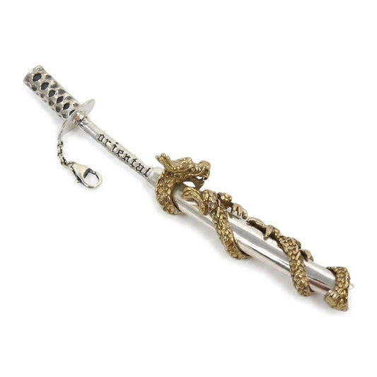 Gold dragon coiled around sterling silver katana scabbard with hammered tsuka and lobster clasp at three-quarter angle