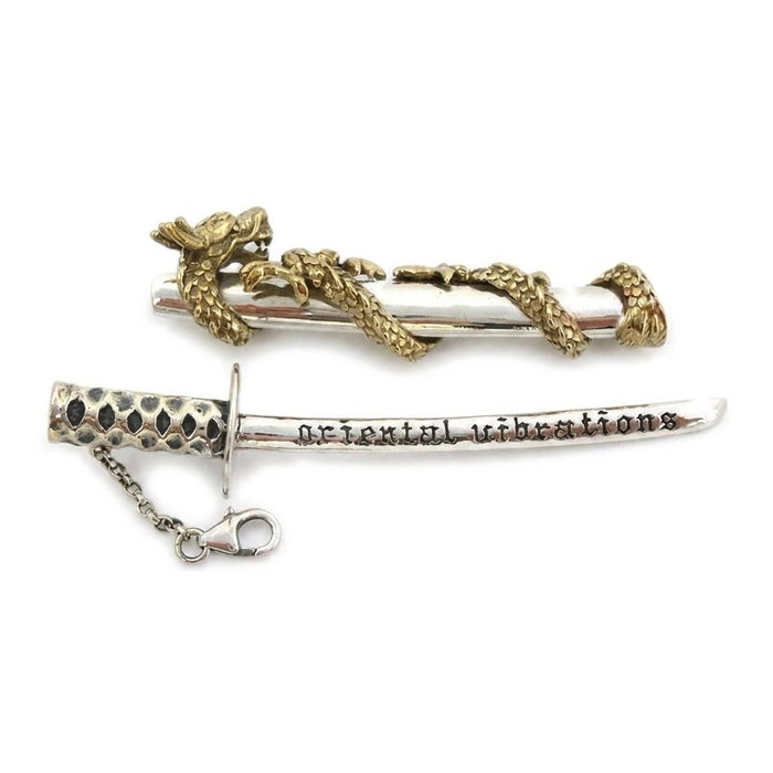 Katana sword pendant set with gold dragon coiled around .925 sterling silver scabbard and oriental vibrations engraved blade