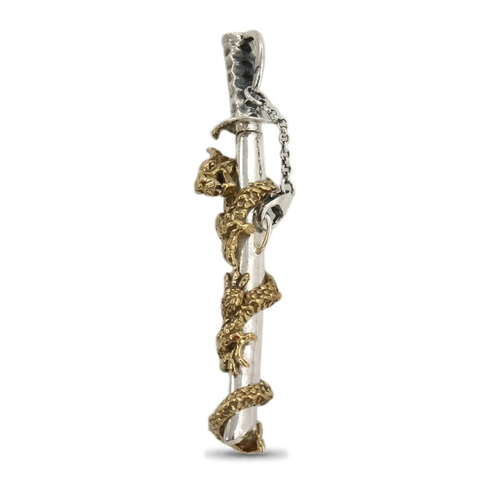 Coiled dragon climbing the silver katana shaft vertically with hammered tsuka and bail at top of pendant
