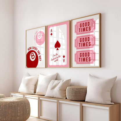 Good Times Pink Wall Art Set, Playing Card Quote Prints, Ace of Hearts Poster, How Lucky Are We Print, Romantic Bar Decor, Valentine Gift