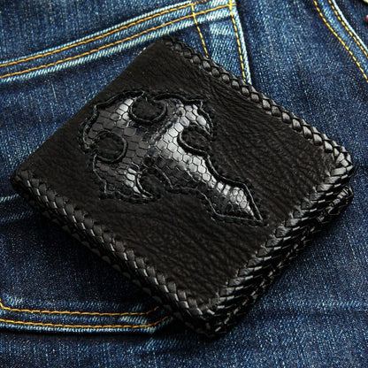Front view of black leather biker wallet featuring a textured gothic cross inlay