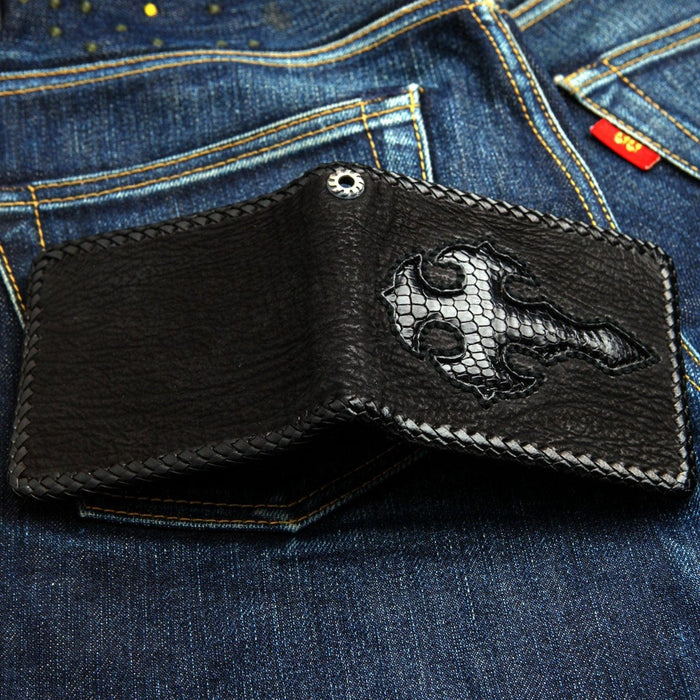 Exterior view of the bi-fold wallet showing the .925 sterling silver grommet attachment
