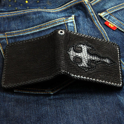 Exterior view of the bi-fold wallet showing the .925 sterling silver grommet attachment