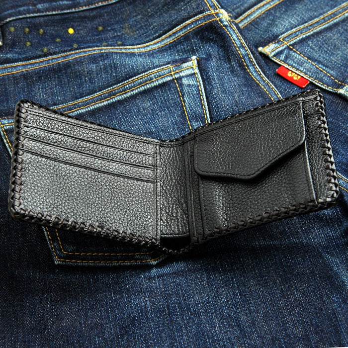 Interior layout of the black leather wallet displaying credit card slots and stitching