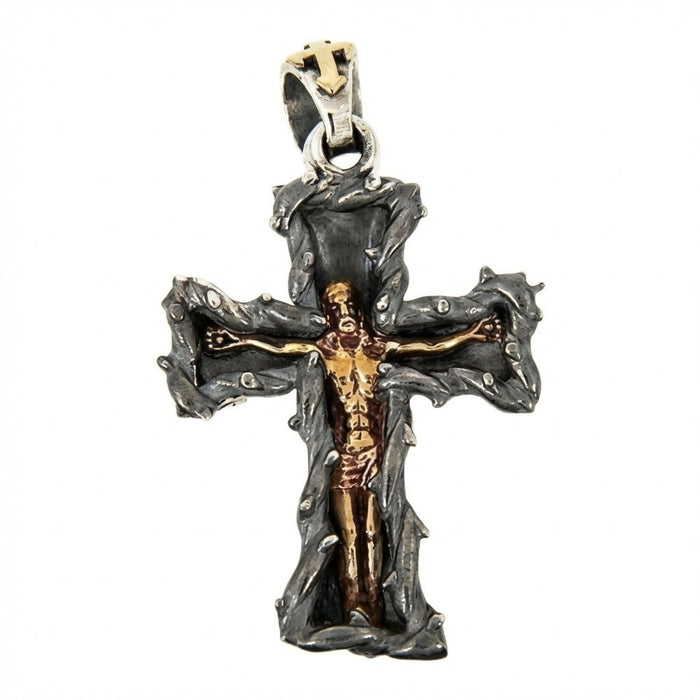 925 sterling silver Gothic crucifix pendant with golden Jesus figure front view on white background
