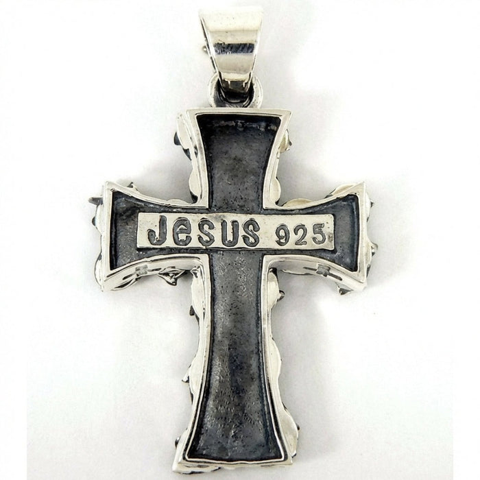 Back view of 925 sterling silver crucifix pendant showing Jesus 925 hallmark stamp