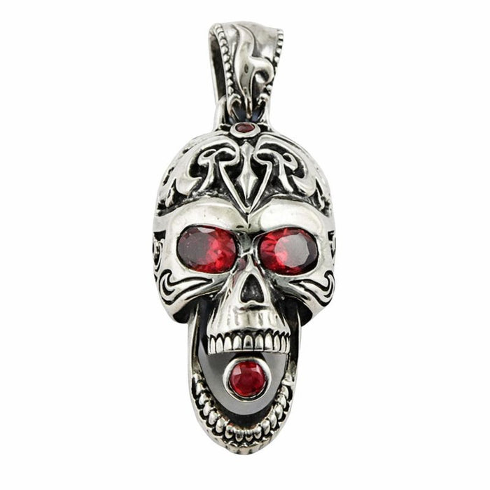 Front view of Sterling Silver Gothic Skull Pendant with red garnet eyes and tribal filigree details