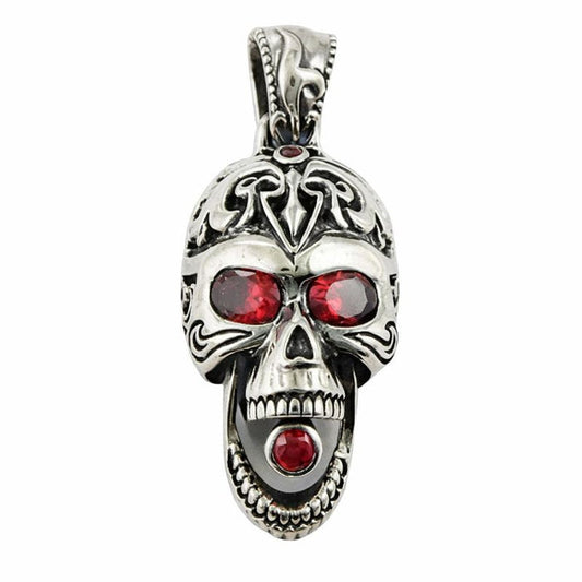 Front view of Sterling Silver Gothic Skull Pendant with red garnet eyes and tribal filigree details