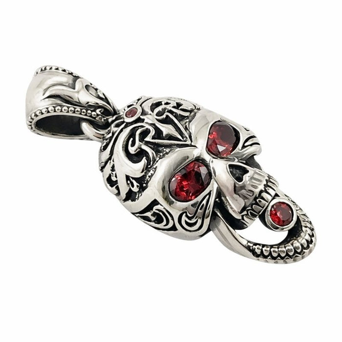 Side profile of 925 silver skull pendant showing intricate filigree carving and heavy bail