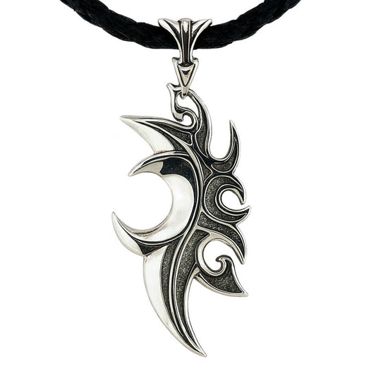 The silver tribal flame pendant shown on a black leather necklace.