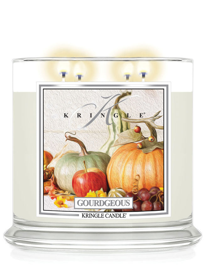 Kringle Candle with pumpkins and autumn fruits design on a white background