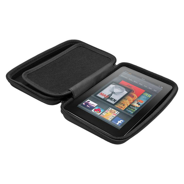 A black padded hard shell GPS Case for Garmin, Magellan, and TomTom (5–7 screens) holds an open tablet displaying colorful apps and book covers. The case is shown on a white background.