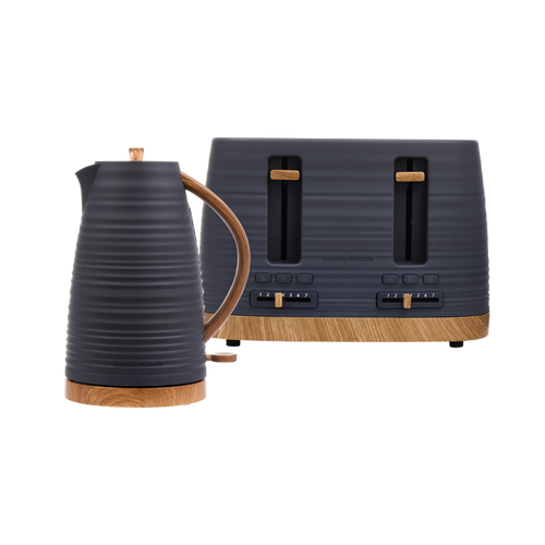 Black electric kettle and toaster with wooden accents on a white background