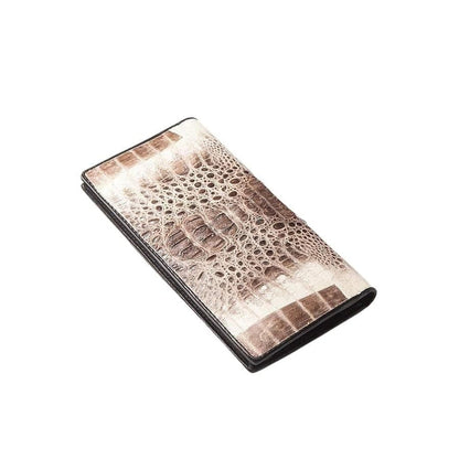 Slim profile of closed grey crocodile bifold wallet suitable for pockets