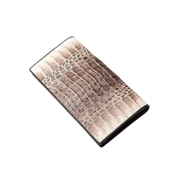 Spine view of handcrafted grey leather wallet showing durable stitching and finish