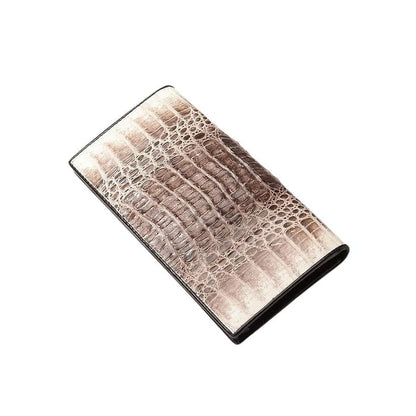 Spine view of handcrafted grey leather wallet showing durable stitching and finish