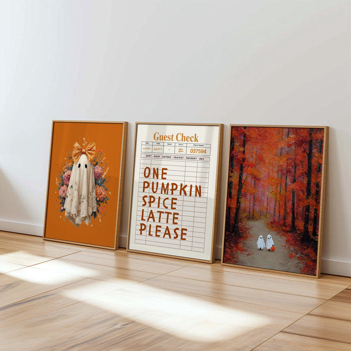 Halloween Wall Art Set of 8, Ghost Gallery Wall, Pumpkin Spice Latte Print, Spooky Cute Ghost Decor, Fall Printable, Autumn Wall Art Set