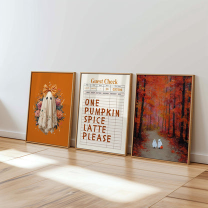 Halloween Wall Art Set of 8, Ghost Gallery Wall, Pumpkin Spice Latte Print, Spooky Cute Ghost Decor, Fall Printable, Autumn Wall Art Set