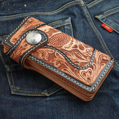 A side-angle view of the long leather biker wallet, showing the thickness of the genuine cowhide and the silver concho snap.
