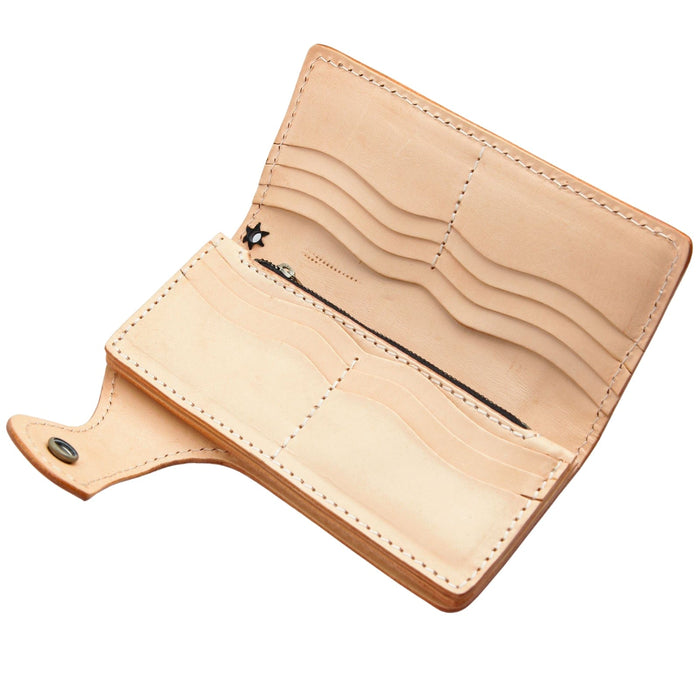 The natural leather interior of the long biker wallet, displaying 10 credit card slots and a zippered pocket.