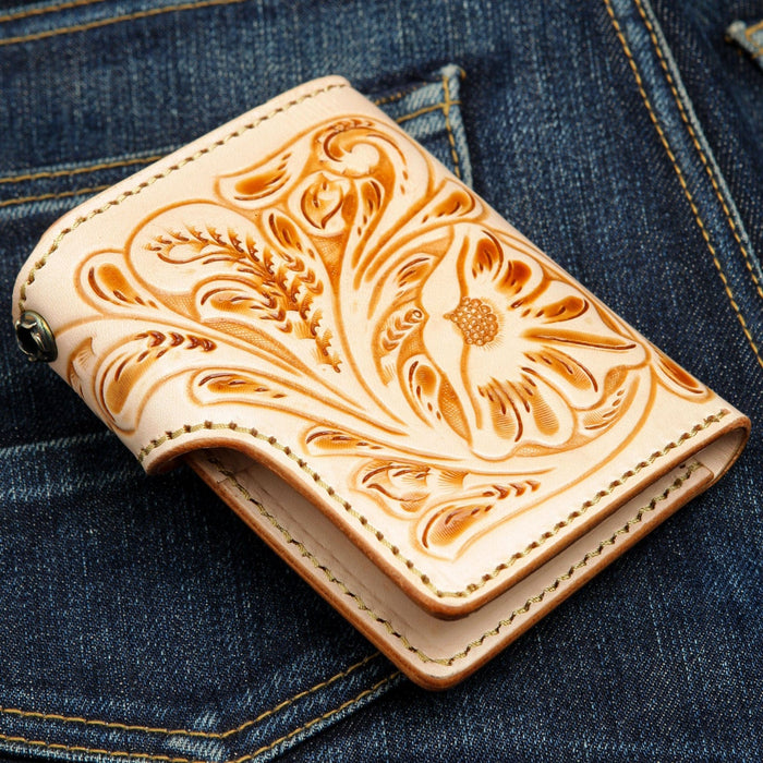 The short biker wallet showing the built-in grommet for a wallet chain.