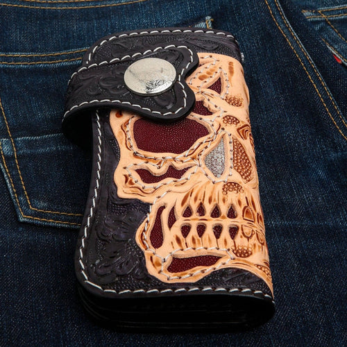 Hand Tooled Motorcycle Skull Rider Genuine Leather Biker Wallet