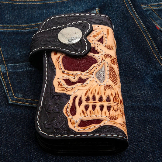 Hand Tooled Motorcycle Skull Rider Genuine Leather Biker Wallet