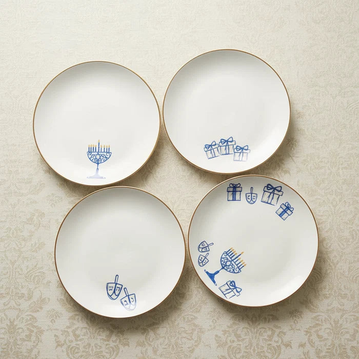 Hanukkah Appetizer Plates with Gold rim, Set of Four
