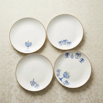 Hanukkah Appetizer Plates with Gold rim, Set of Four
