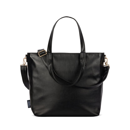 Black tote bag with gold and rose gold metal hardware accents, including buckle details and fittings on straps and shoulder strap