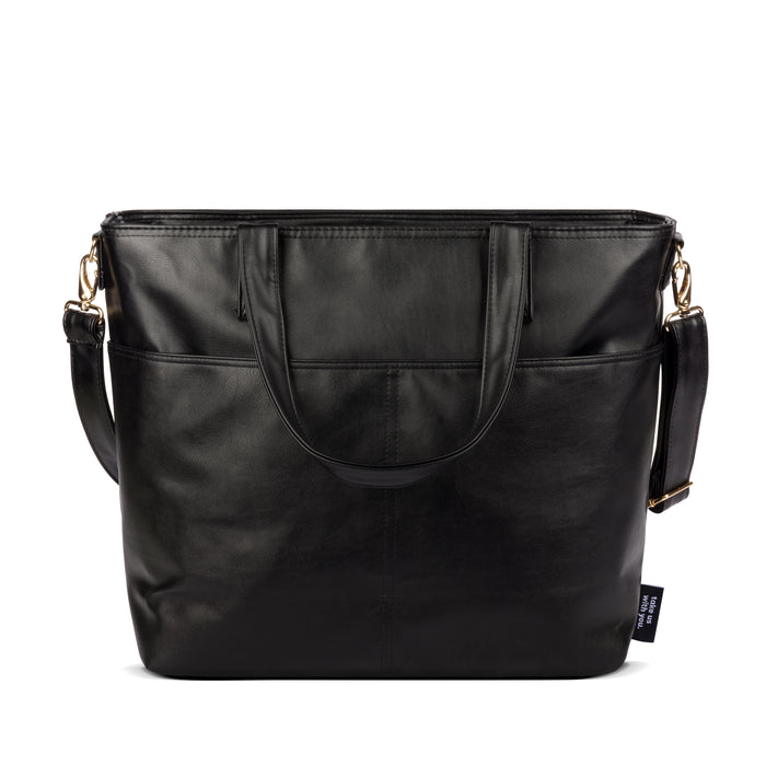Black leather crossbody bag with gold-toned hardware and D-ring attachments